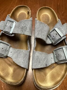 Birkenstock Kids Double Strap Suede Sandals in Gray and Tan